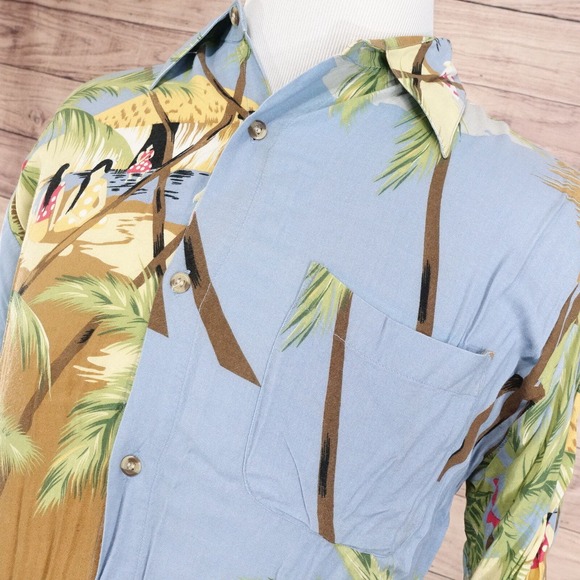 ROUNDY BAY 100% RAYON FLORAL PALM TRESS HAWAIIAN BUTTON UP SHIRT MENS L LARGE - Picture 2 of 7